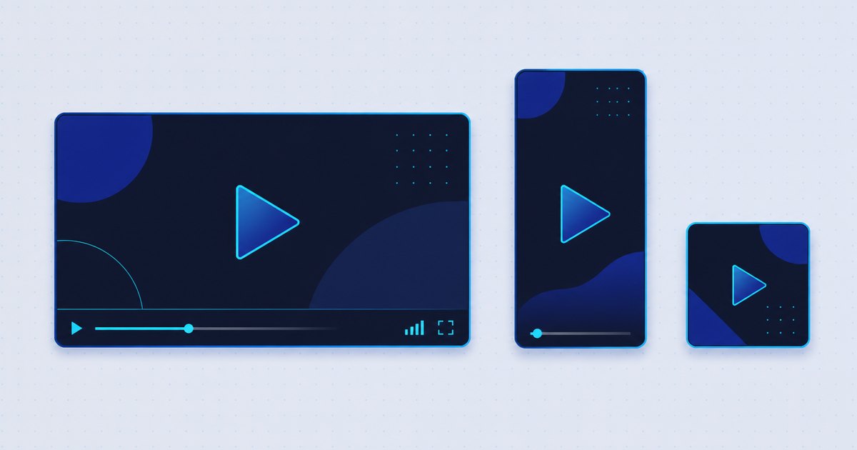 Video frames in different aspect ratios: a 16:9 landscape player, a 9:16 vertical phone video, and a 1:1 square video